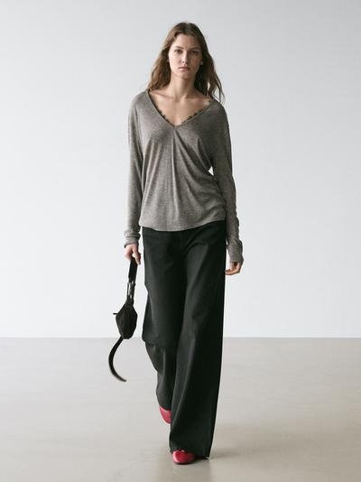 Massimo Dutti Футболка с V-образным вырезом и деталями из кружева