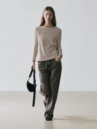 Massimo Dutti Футболка с длинным рукавом в полоску с контрастной отделкой