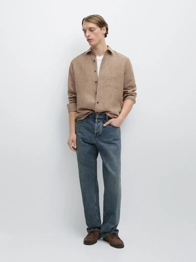 Рубашка из льна с карманом regular fit и потертостями- Заказать в России