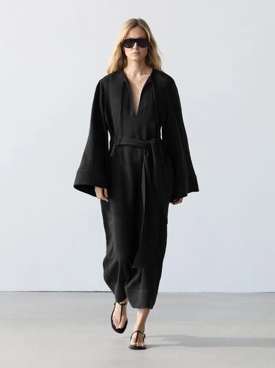 Платье-миди из 100% льна с деталями на завязках