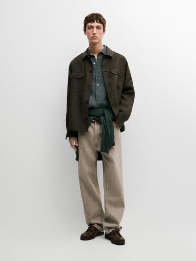 Massimo Dutti Льняная рубашка-косоворотка с карманами