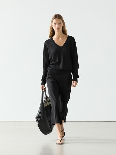 Massimo Dutti Льняной вязаный свитер с V-образным вырезом