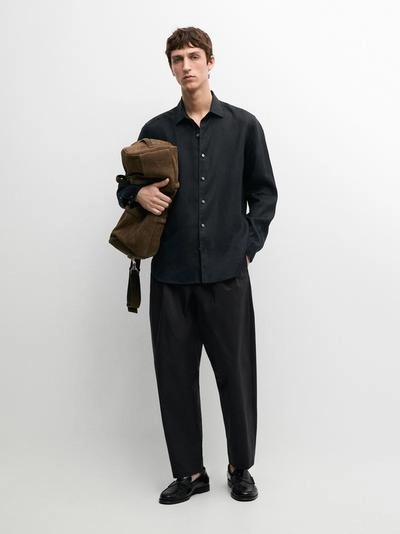 Рубашка из льна свободного кроя с длинным рукавом- Заказать в России