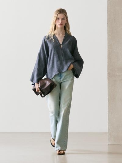 Massimo Dutti 100% льняной кимоно с V-образным вырезом
