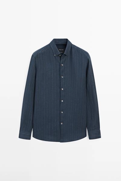 Рубашка из 100% льна в полоску с воротником на пуговицах- Заказать в России