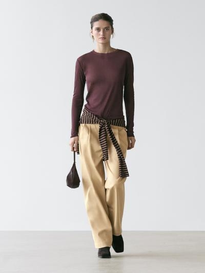 Massimo Dutti Футболка из 100% хлопка полупрозрачная с деталями воротника