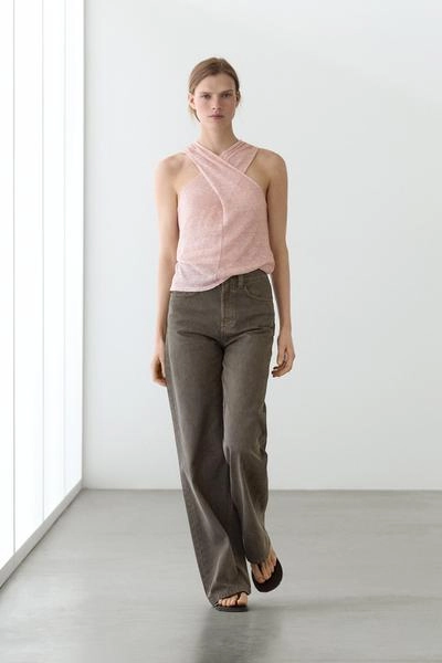 Топ из льняно-хлопковой смеси с декольте «качели»