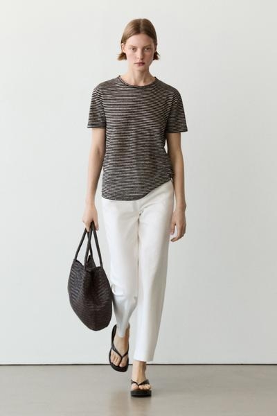 Massimo Dutti 100% льняная футболка с полосками в стиле REGULAR FIT