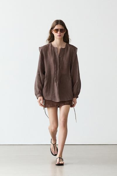 Massimo Dutti Блузка из льна с рюшами, свободного кроя