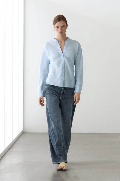 Рубашка с воротником-стойкой из 100% льна- Заказать в России