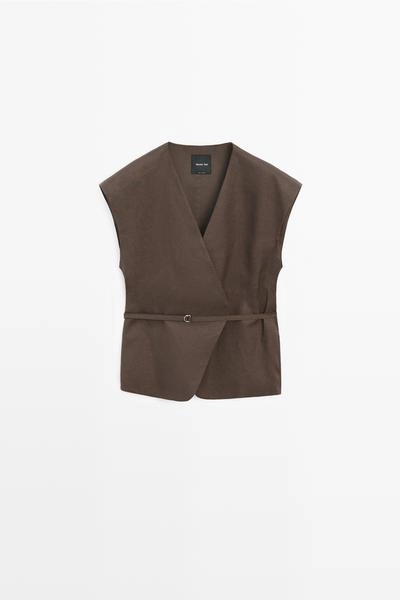 Жилет из смесового льна с оборками на оборчатой горловине- Заказать в России