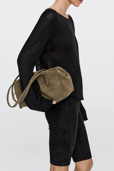 Massimo Dutti Сумка-сатчел из замши коричневая MASSIMO DUTTI