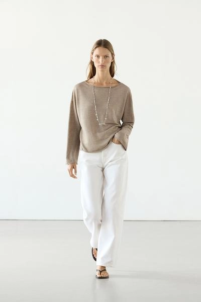 Massimo Dutti Пуловер с лодочкой из льна