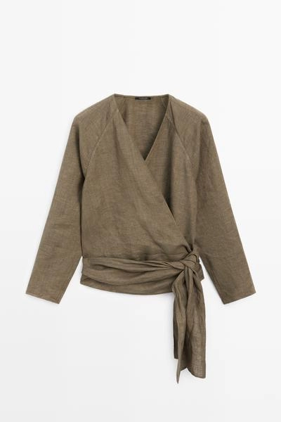 Рубашка из 100% льна с деталями банта- Заказать в России