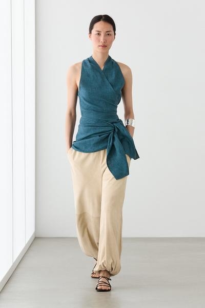 Massimo Dutti Топ из 100% льна с перекрестным воротником и деталью банта