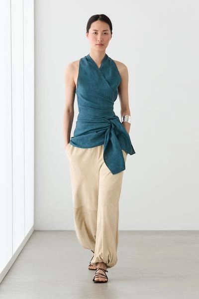 Топ из 100% льна с перекрестным воротником и деталью банта