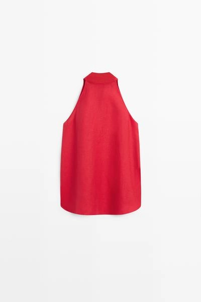 Топ из льна с перекрестным воротником на шее