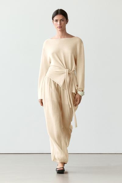 Massimo Dutti Свитер из льняной смеси с асимметричным вырезом и завязкой купить с доставкой.