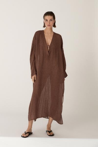 Massimo Dutti Платье-кафтан из смесового льна с завязкой на горловине
