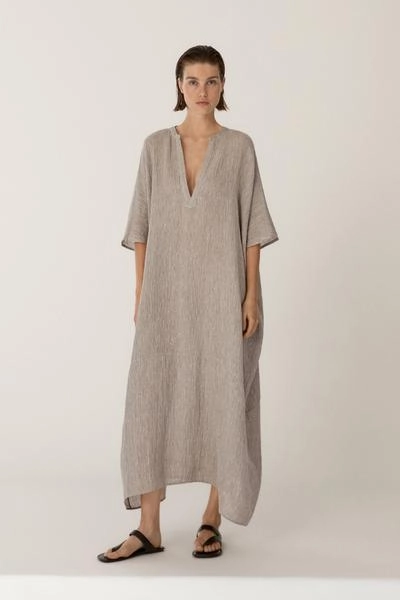 Платье-кафтан из смесового льна с вафельным плетением- Заказать в России