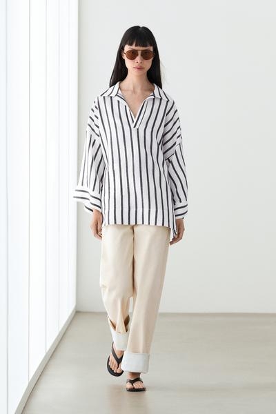 Massimo Dutti Рубашка с полосками в стиле OVERSIZE из льняной смеси