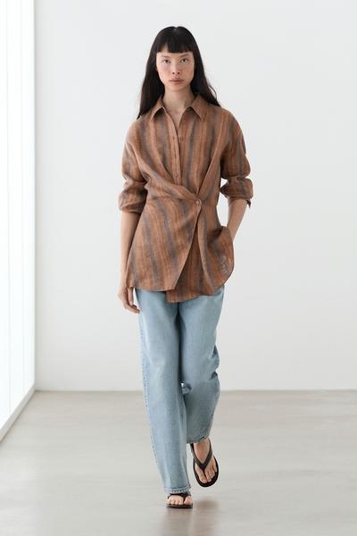 Massimo Dutti Рубашка в полоску из 100% льна с перекрещивающимся узором