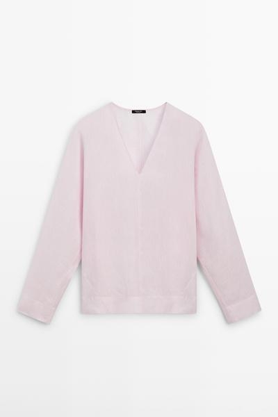 Massimo Dutti Блузка с V-образным вырезом из 100% льна
