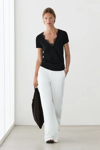 Massimo Dutti Футболка с V-образным вырезом и кружевными деталями