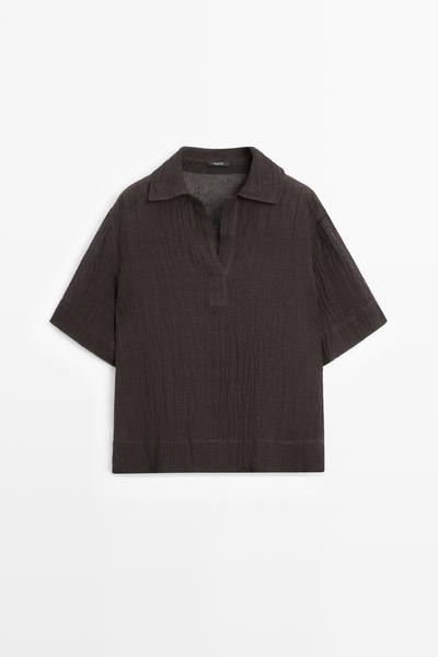 Massimo Dutti Раскатистая блузка с воротником поло из льняной смеси купить с доставкой.