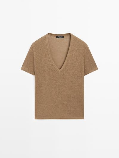 Massimo Dutti Льняная футболка с V-образным вырезом
