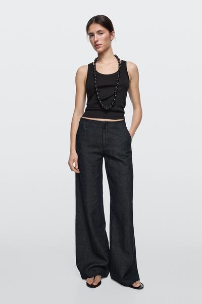 Massimo Dutti Джинсовые брюки из льняной смеси с широкими штанинами купить с доставкой.