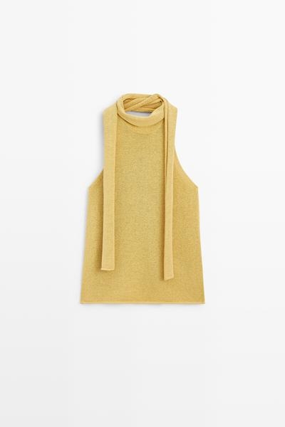 Massimo Dutti Вязаный топ с воротником-халтер из льняной смеси с завязками