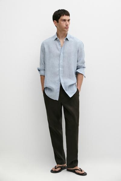Massimo Dutti Рубашка из 100% льна в полоску с разрывами