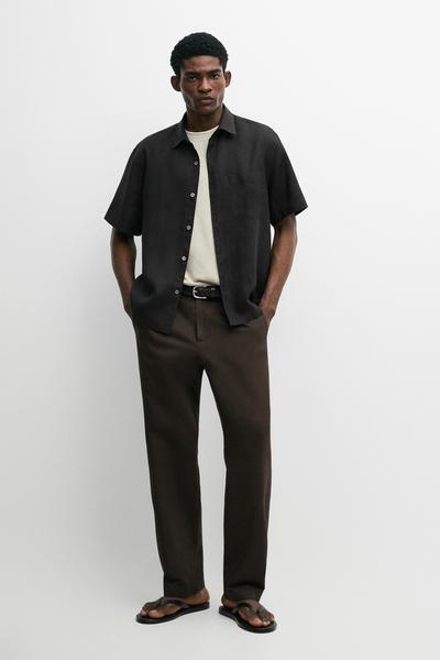 Massimo Dutti Рубашка с короткими рукавами из 100% льна классического кроя