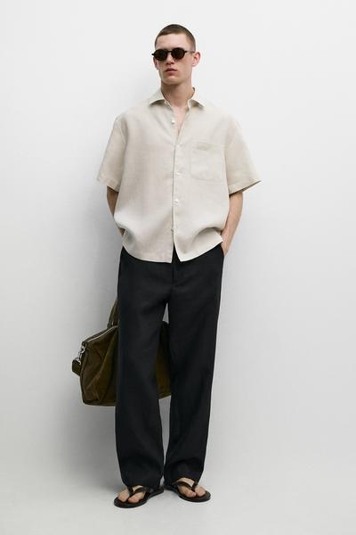 Massimo Dutti Рубашка с короткими рукавами из 100% льна, классический крой