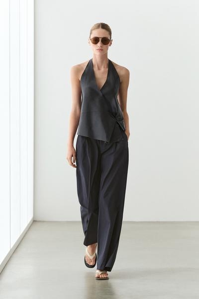 Massimo Dutti Брюки плиссе широкого кроя из хлопкового микса
