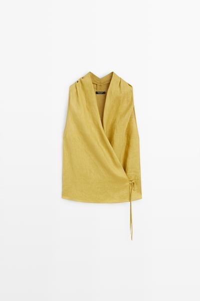 Massimo Dutti Топ с перекрестной завязкой на шее из 100% льна