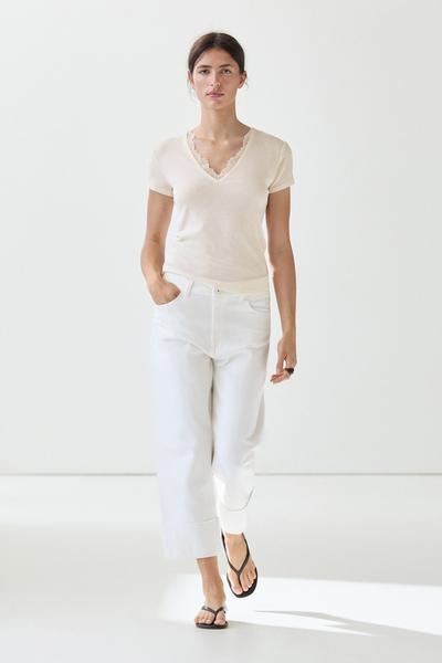 Massimo Dutti Футболка с V-образным вырезом и кружевной отделкой