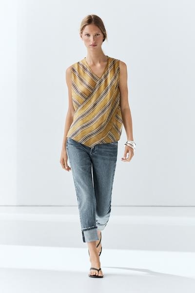 Massimo Dutti Топ с запахом из струящегося смесового рамина в полоску купить с доставкой.