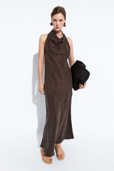 Massimo Dutti Платье макси с драпированным воротником купить с доставкой.