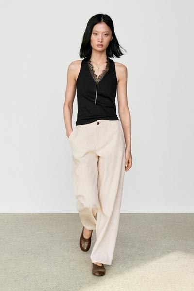 Massimo Dutti Майка с V-образным вырезом и кружевной отделкой