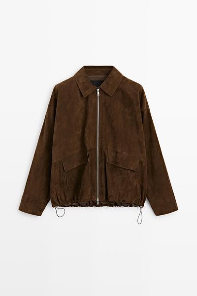 Massimo Dutti Удлинённая замшевая кожаная бомбер-куртка