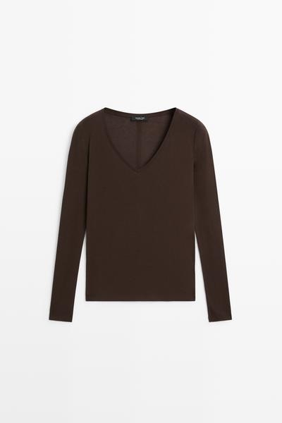 Massimo Dutti Футболка с длинным рукавом и V-образным вырезом приталенного кроя