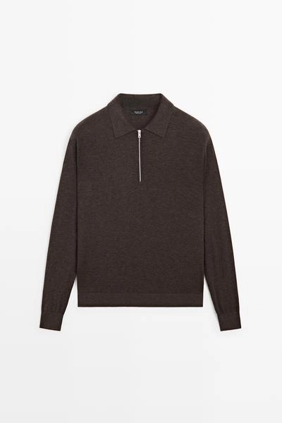 Massimo Dutti Вязаный свитер с воротником-поло и застежкой на молнию из шерстяной смеси