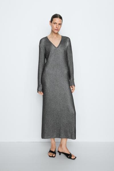 Massimo Dutti Длинное металлическое вязаное платье - STUDIO купить с доставкой.