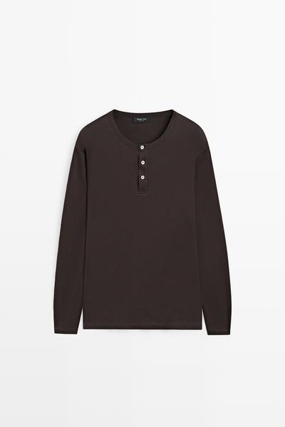 Massimo Dutti Футболка с длинными рукавами и планкой на пуговицах из 100% хлопка
