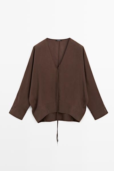 Massimo Dutti Блузка с V-образным вырезом и завязками спереди купить с доставкой.