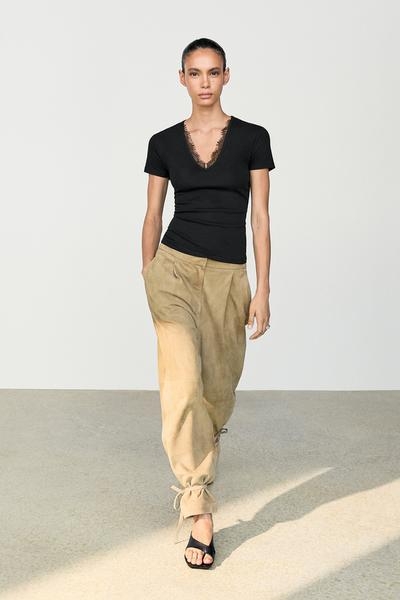 Massimo Dutti Футболка с V-образным вырезом и кружевной отделкой