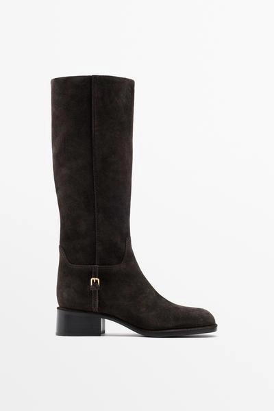 Massimo Dutti Сапоги из замши и кожи с плоской подошвой и боковой пряжкой