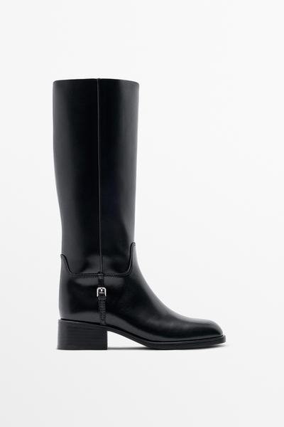 Massimo Dutti Плоские кожаные сапоги до колена с боковой пряжкой